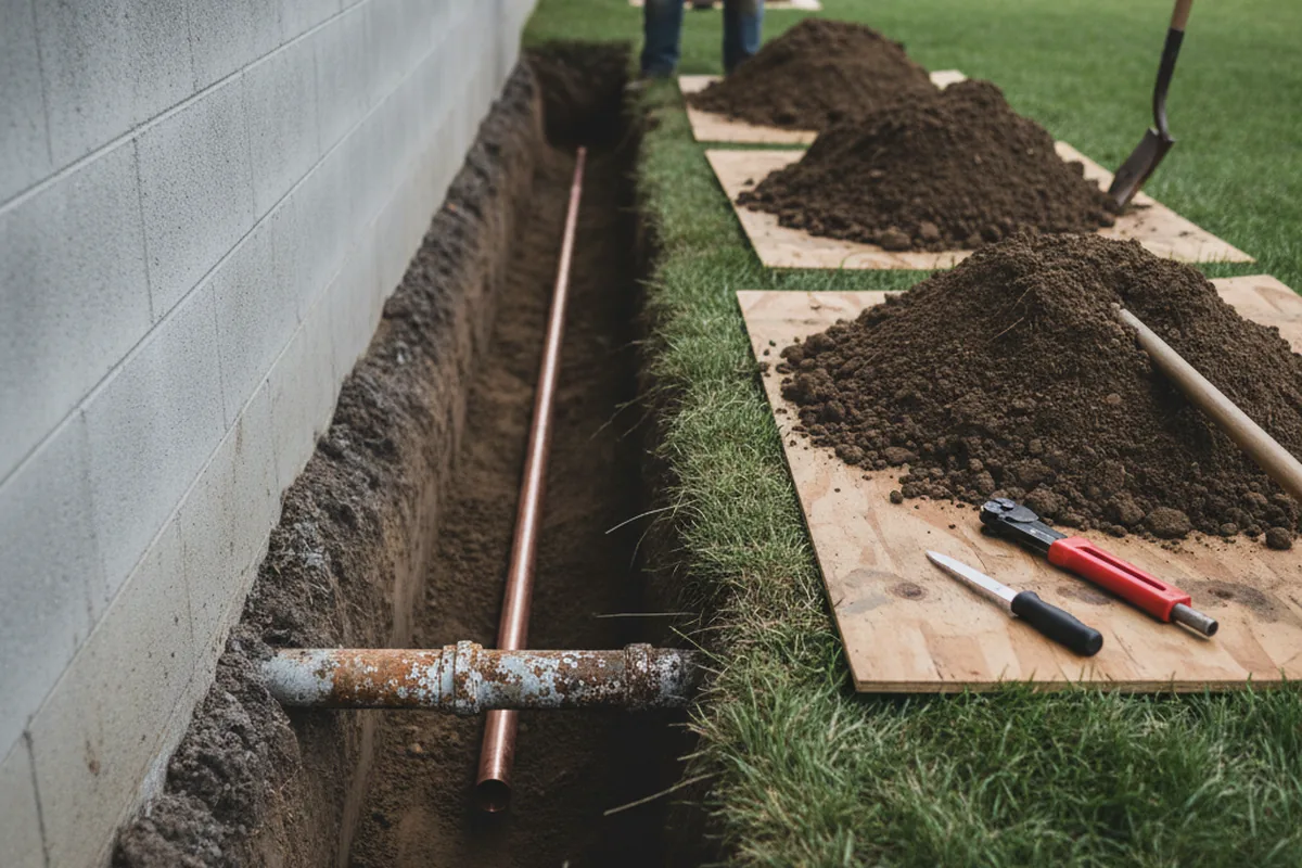 Excavated water line trench during Sewer Line Repair in Roseboro